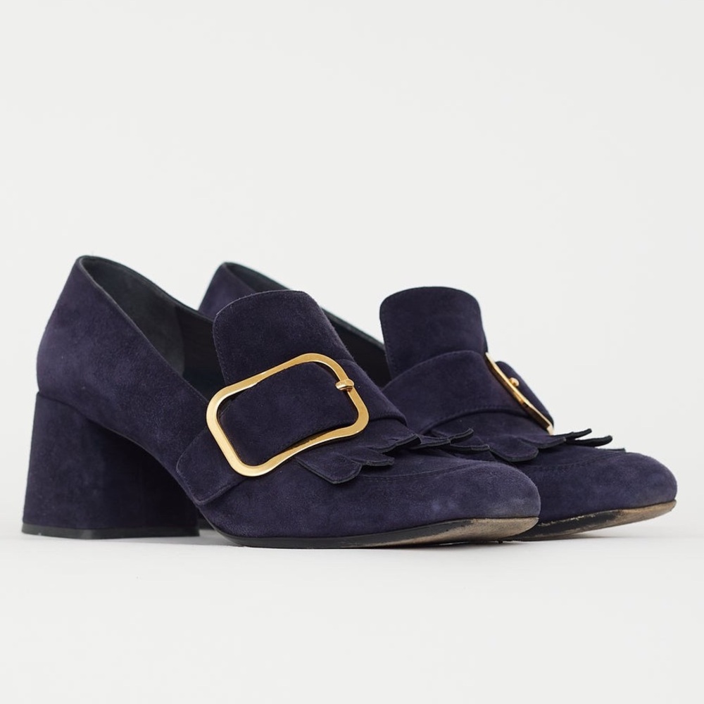 Prada Suede Fringe Buckle Chunky Loafer Heels